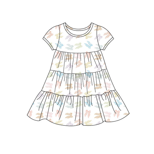 Preorder(moq 5) Baby Girls Colorful Bows Patchwork Ruffle Knee Length Dresses