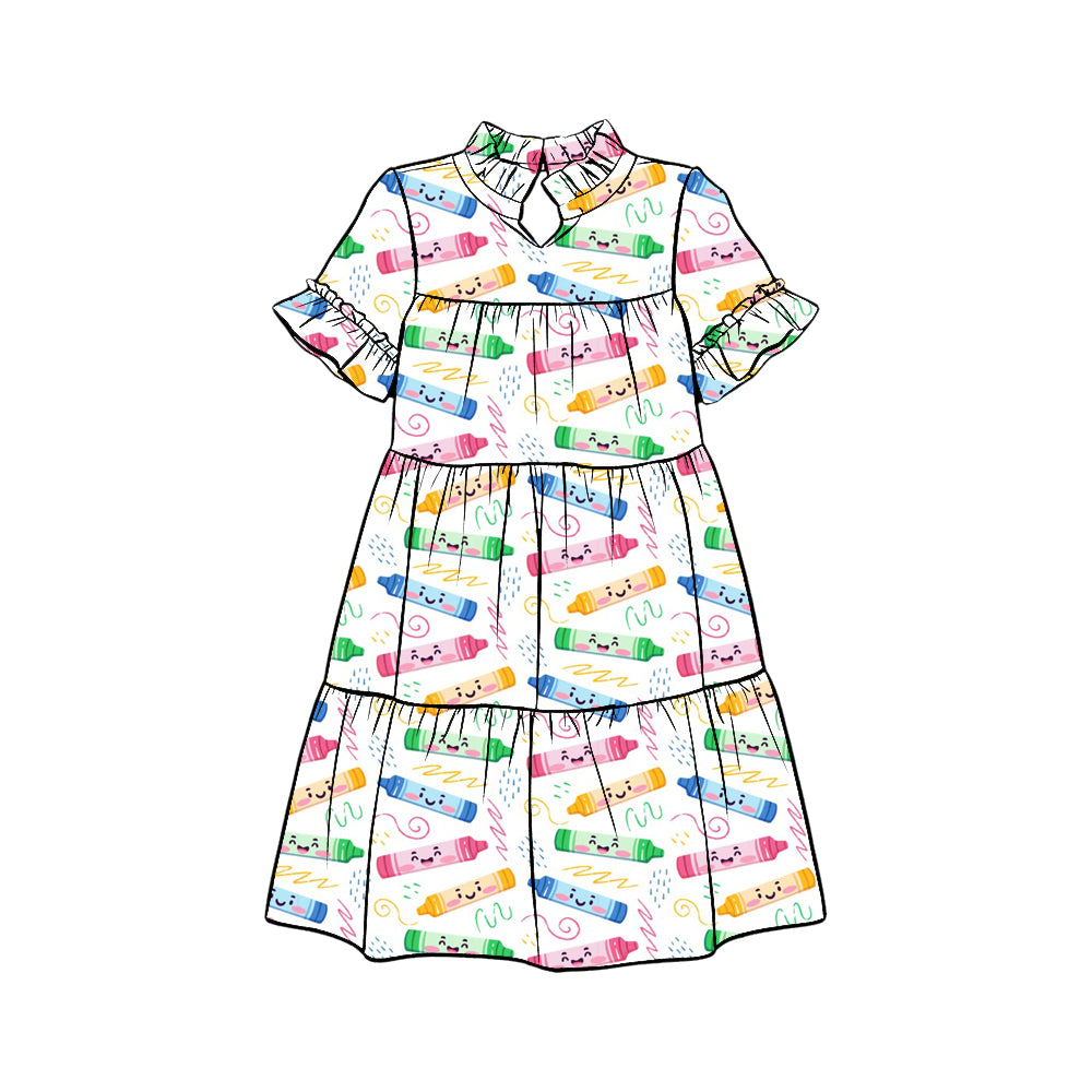 Preorder (moq 5)Baby Girls Colorful Pencils Back to School Patchwork Knee Length Dresses