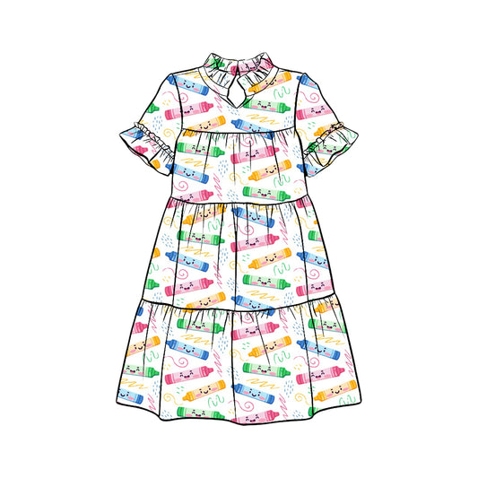 Preorder (moq 5)Baby Girls Colorful Pencils Back to School Patchwork Knee Length Dresses