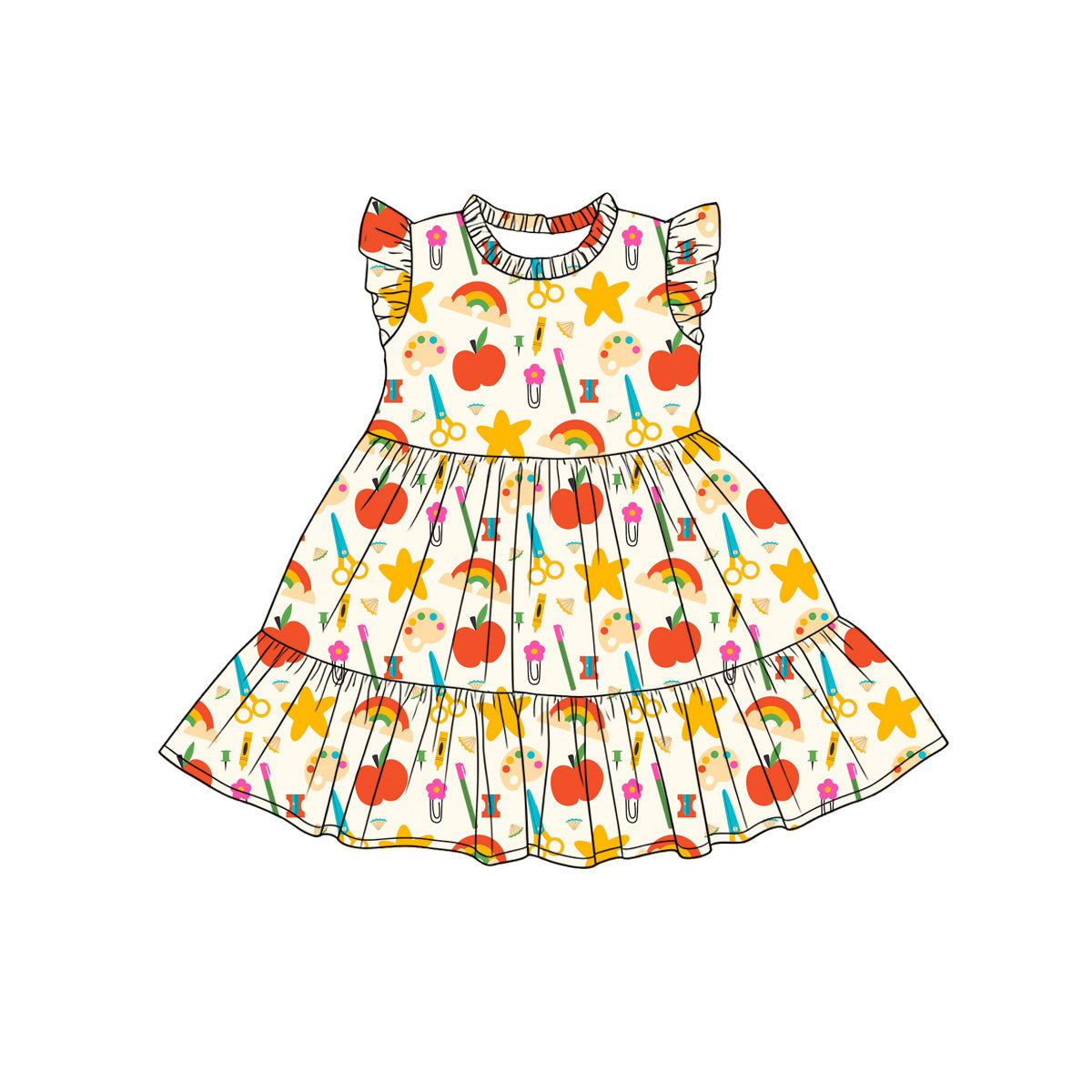 Preorder (moq 5)Baby Girls Apples Pencil Rainbows Back to School Patchwork Knee Length Dress