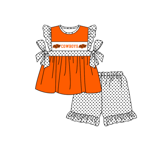 Preorder (moq 5)Baby Girls Flutter Sleeve Cowboys Tunic Polka Dots Ruffle Shorts Team Clothes Sets