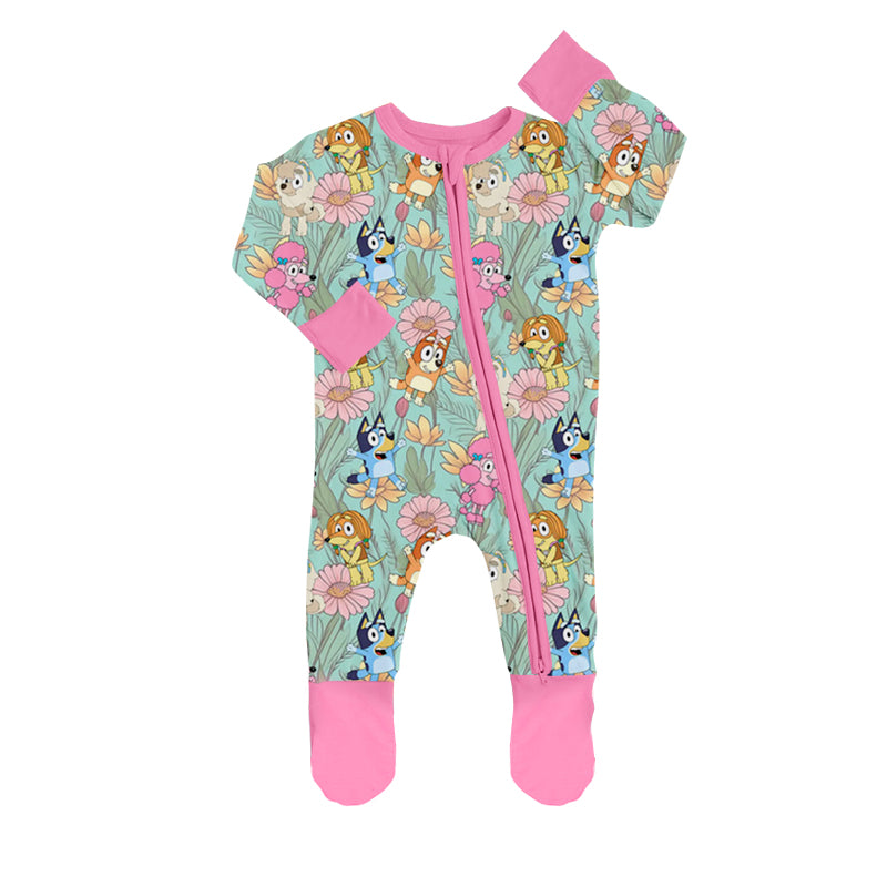 Baby Girls Dog Flowers Zip Footie Rompers preorder(moq 5)