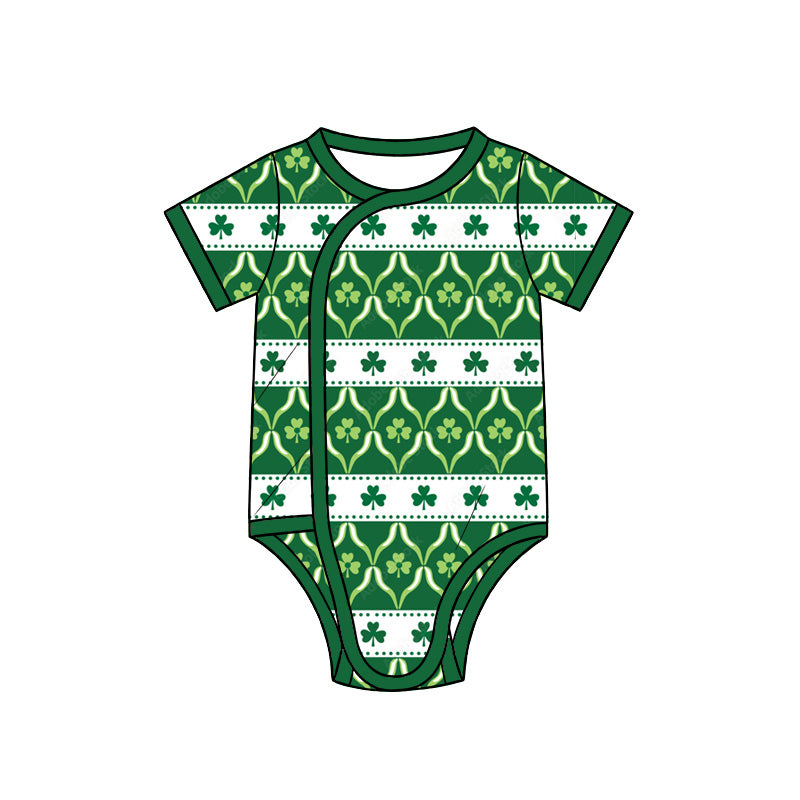 Preorder (moq 5) Baby Girl Clothes St Patricks Clover Striped Geometric Mixed Print Short Sleeve Side Snap Romper