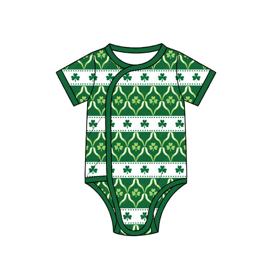 Preorder (moq 5) Baby Girl Clothes St Patricks Clover Striped Geometric Mixed Print Short Sleeve Side Snap Romper