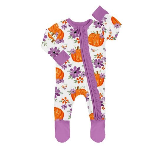 Baby Girls Purple Flowers Zip Footie Rompers preorder(moq 5)