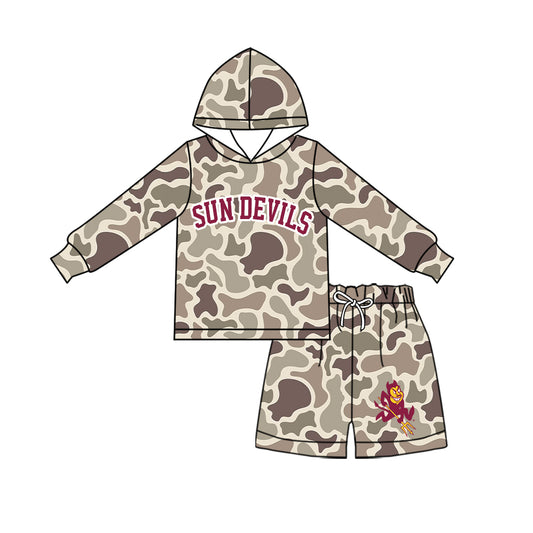 Preorder (moq 5) Baby Boys Khaki Camo Sun Devils Hoodie Short Team Clothes Sets