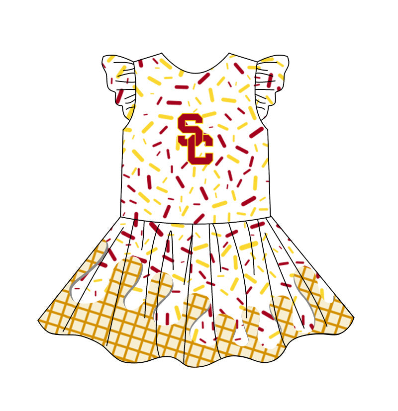 Preorder (moq 5)Baby Girls Flutter Sleeve Drip Sprinkles Team Short Knee Length Dresses