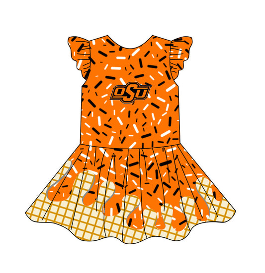 Preorder (moq 5)Baby Girls Flutter Sleeve Drip Sprinkles Team Short Knee Length Dresses