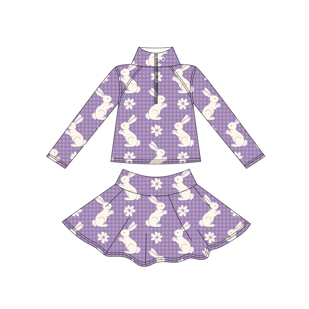 Preorder moq 5 Baby Girls’ White Floral, Cute Bunny & Purple Print Zip Pullover Top & Skirt Set, Mardi Gras Yoga Activewear Outfit