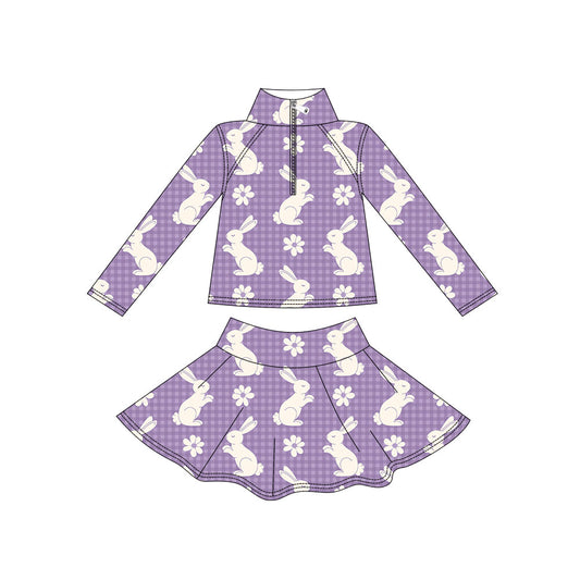 Preorder moq 5 Baby Girls’ White Floral, Cute Bunny & Purple Print Zip Pullover Top & Skirt Set, Mardi Gras Yoga Activewear Outfit