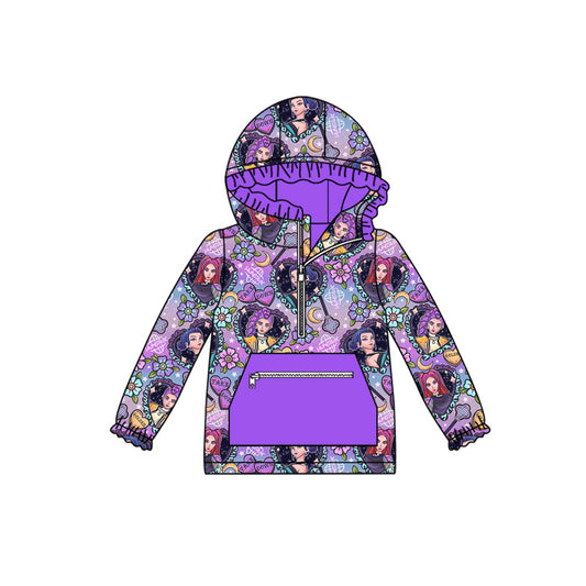 Preorder (moq 5)Baby Girls Purple Hearts Demon Hunter Zipper Pocket Ruffle Hoodies Top