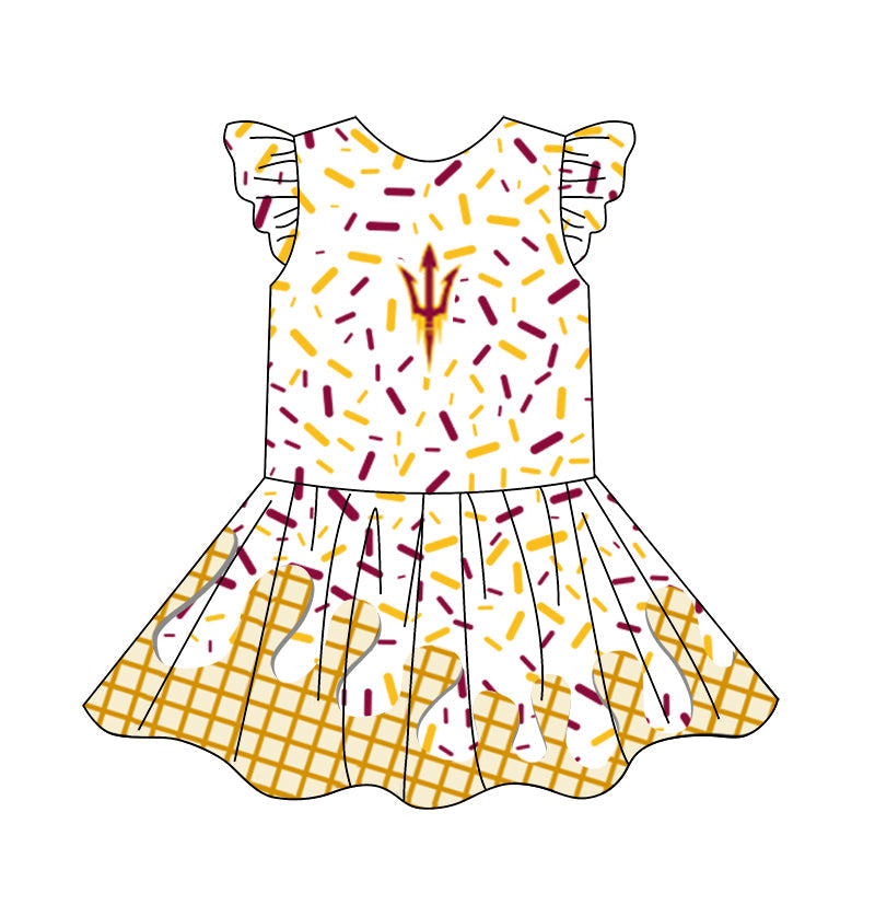 Preorder (moq 5)Baby Girls Flutter Sleeve Drip Sprinkles Team Short Knee Length Dresses