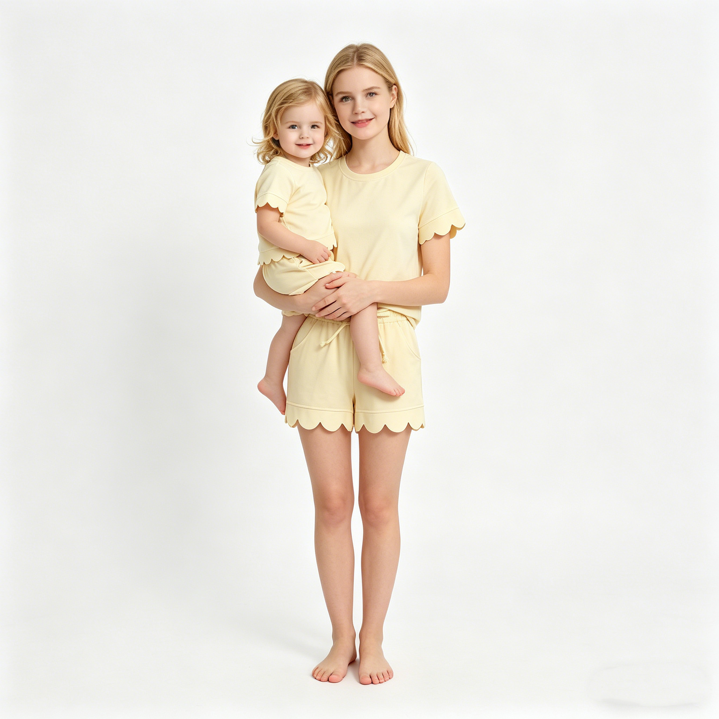 Mama and Me Girls Yellow Top Pockets Short Scallop Cotton Clothes Sets