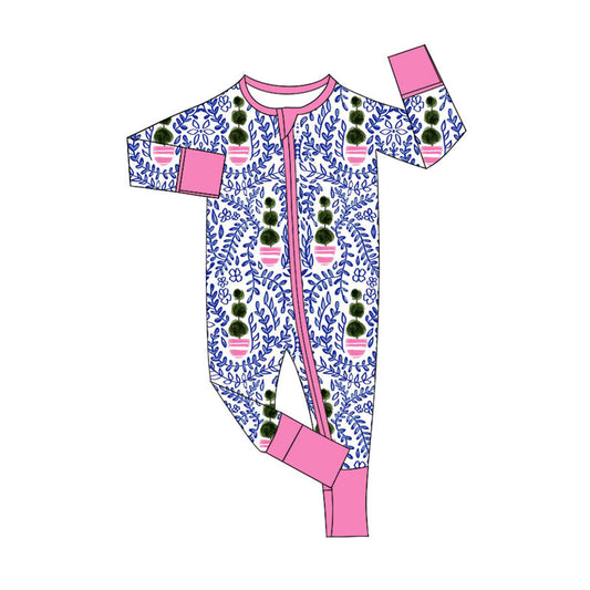 Preorder (moq 8)Baby Girls Blue Flowers Checked Valentine Zipper Footie Rompers