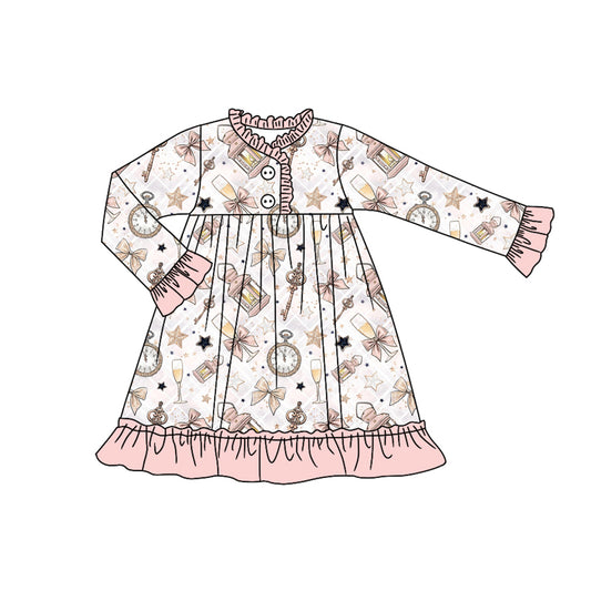 Preorder (moq 5)Baby Girls Long Sleeves Pink Bows Stars Plaid Ruffle Button Knee Length Dress