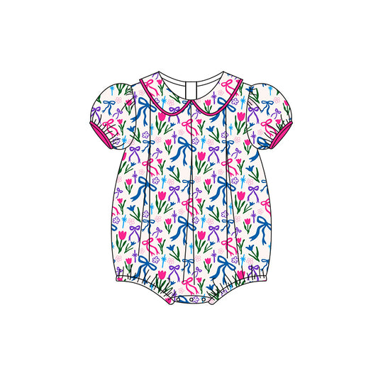Preorder (moq 5)Baby Girls Short Ruffle Sleeves Colorful Bows Flowers Ruffle Rompers