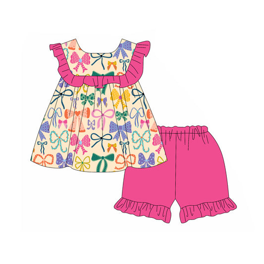 Preorder moq 5 Baby Girls Sleeveless Colorful Bows Tunic Pink Ruffle Short Set