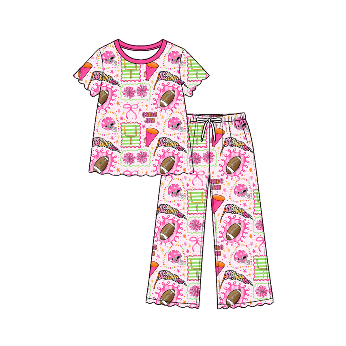 Preorder (moq 5) Baby Girl Clothes Pink Game Day Football Cheer Mixed Print Short Sleeve Flare Pant Pajama Set