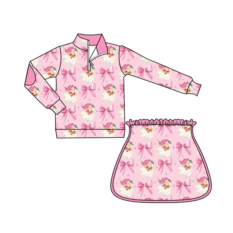 Preorder (moq 5)Baby Girls Pink Long Sleeves Bows Santa Zipper Pullovers Skirts Set