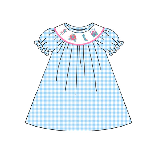 Preorder (moq 5)Baby Girls Blue Checkered Princess Print Knee Length Dresses