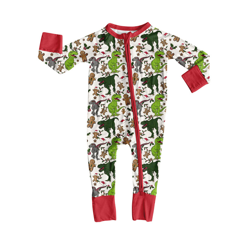Preorder (moq 20)Baby Boys Bamboo Christmas Gingerbread Dinosaurs Holly Zippy Footie Rompers