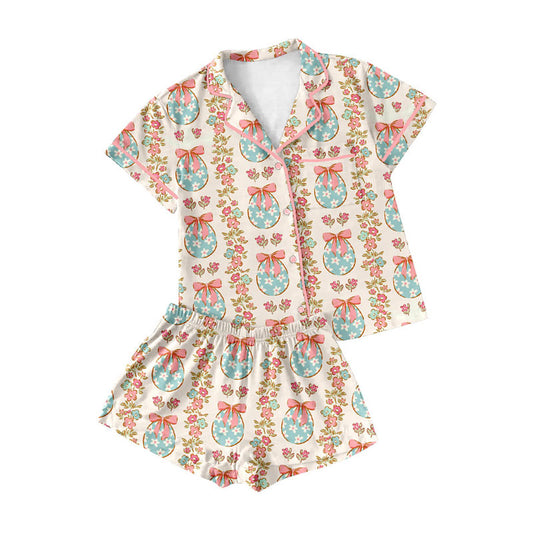 Preorder (moq 5)Baby Girls Flowers Bows Eggs Stripe Button Pocket Top Shorts Easter Pajamas Sets