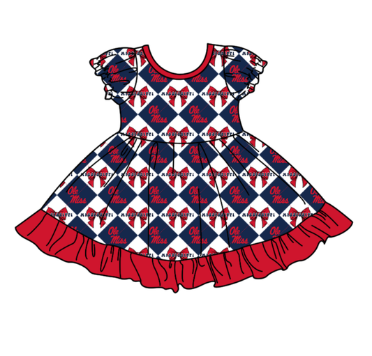 Preorder (moq 5)Baby Girls Team Bows Checked Ruffle Knee Length Dresses