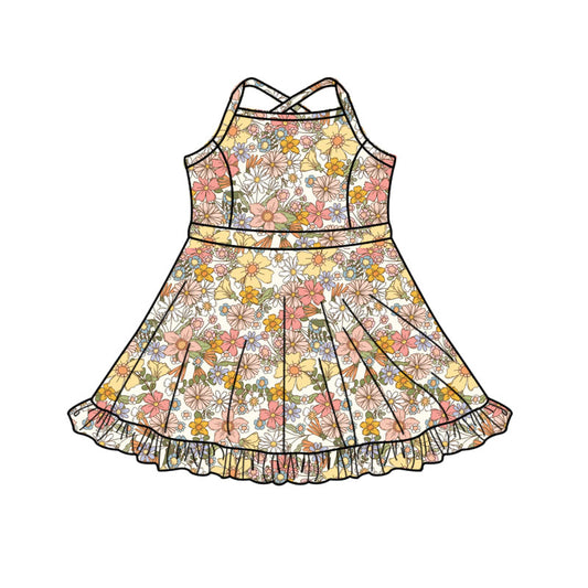 Preorder(moq 5) Baby Girls Strap Floral Shorts Ruffle Knee Length Dresses