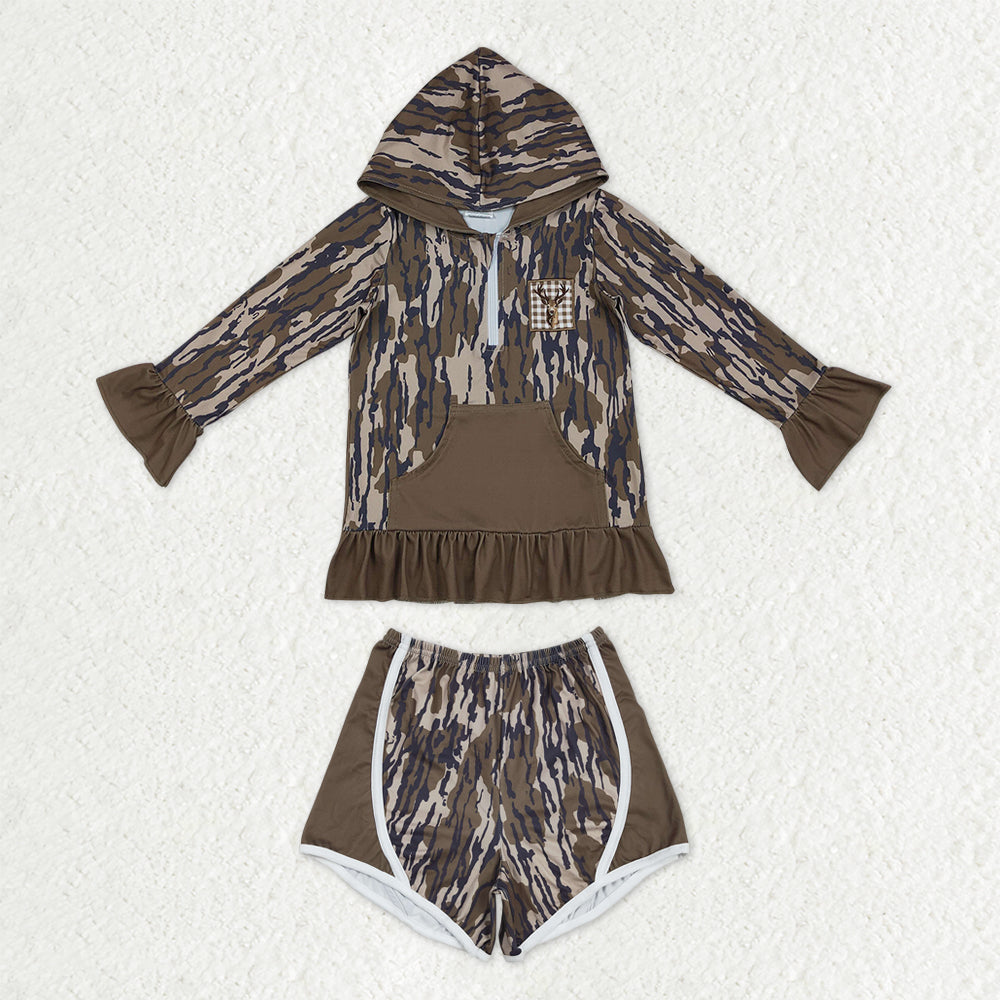Baby Girls Olive Camo Embroidery Deer Pockets Zip Hoodies Shorts Hunting Clothes Sets