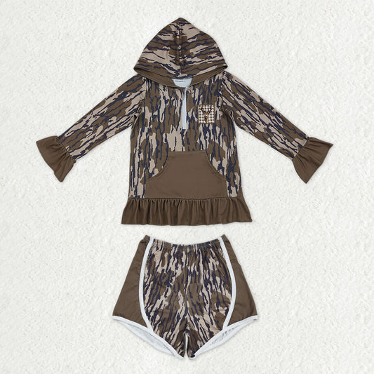 Baby Girls Olive Camo Embroidery Deer Pockets Zip Hoodies Shorts Hunting Clothes Sets