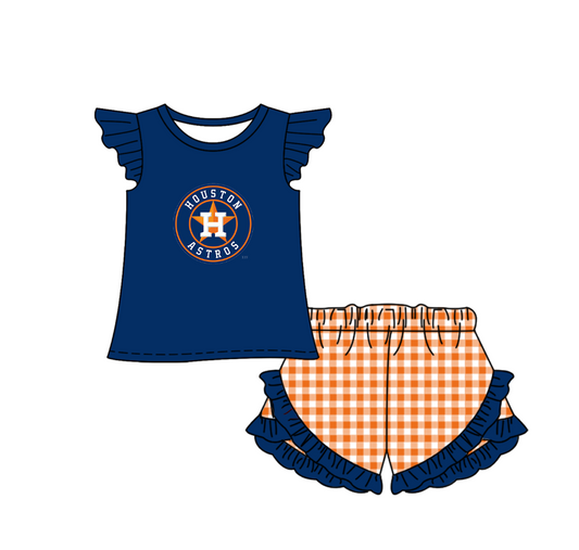 Preorder (moq 5)Baby Girls Houston Astros Shirt Top Checked Ruffle Short Team Clothes Set