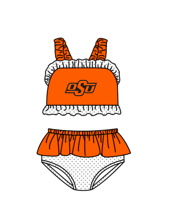 Preorder moq 5 Baby Girls Strap Orange OSU Vest Top Bummies Short Team Swimsuits