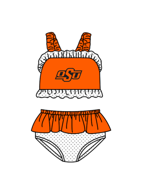Preorder moq 5 Baby Girls Strap Orange OSU Vest Top Bummies Short Team Swimsuits