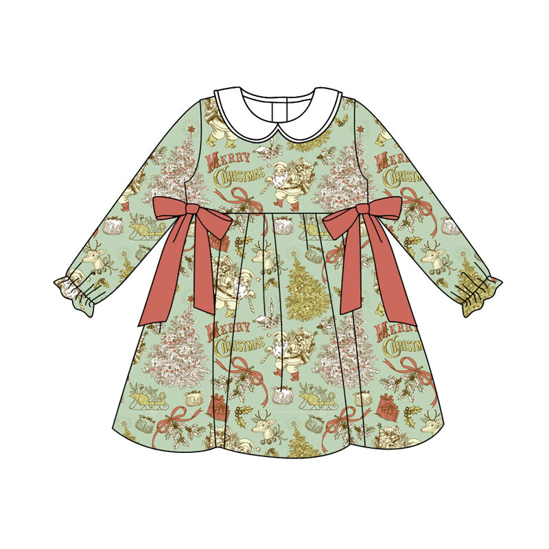 Preorder (moq 5)Baby Girls Green Santa Bows Trees Merry Christmas Knee Length Dress