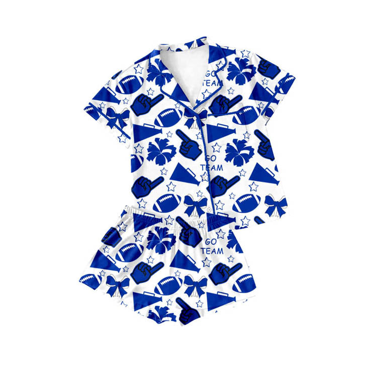 Preorder(moq 8)Baby Girls Hot Blue Bows Footballs Button Pocket Top Shorts Team Pajamas Set