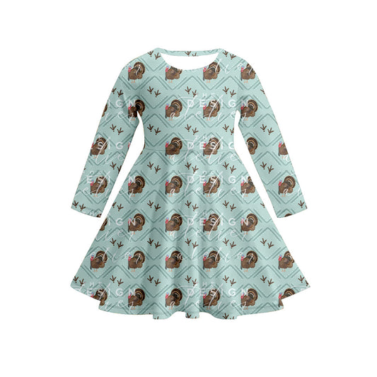 Preorder (moq 5)Baby Girls Long Sleeves Green Turkey Plaid Knee Length Dresses