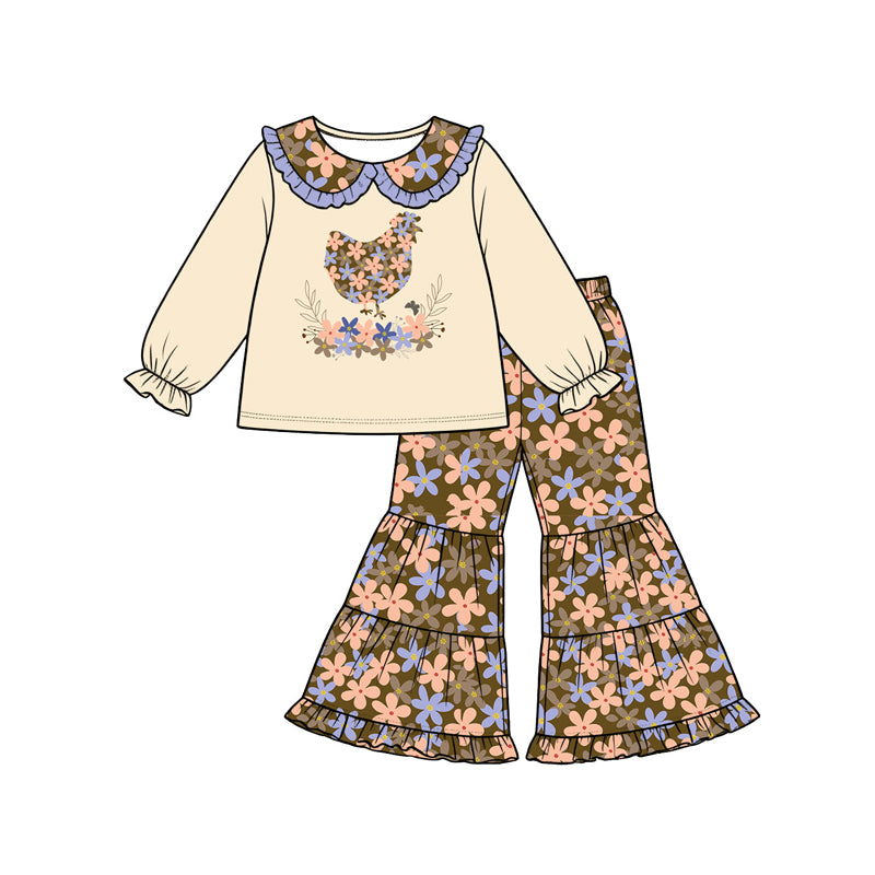 Preorder (moq 5) Baby Girl Clothes Chicken Floral Graphic Print Long Sleeve Tiered Flare Pant Set