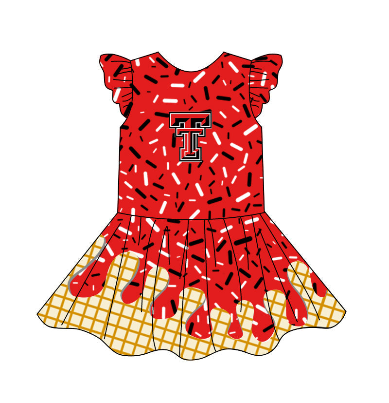 Preorder (moq 5)Baby Girls Flutter Sleeve Drip Sprinkles Team Short Knee Length Dresses