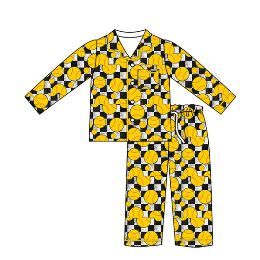 Preorder (moq 5)Baby Boys Black Checked Softballs Button Pocket Top Pant Team Pajamas Sets
