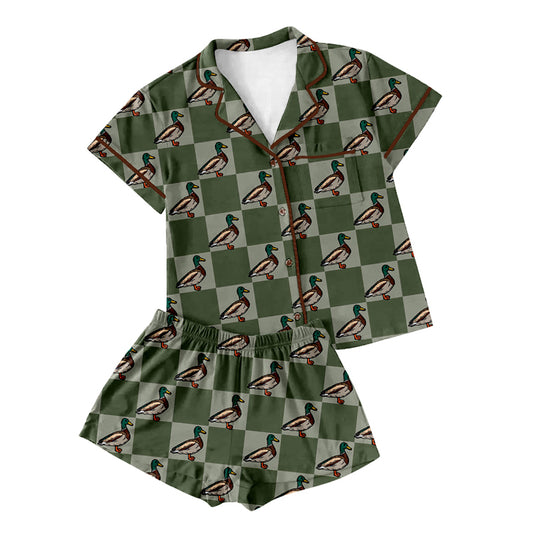 Preorder(moq 5)Adult Women Green Checkered Ducks Buttons Tee Shirts Shorts Pajamas Sets