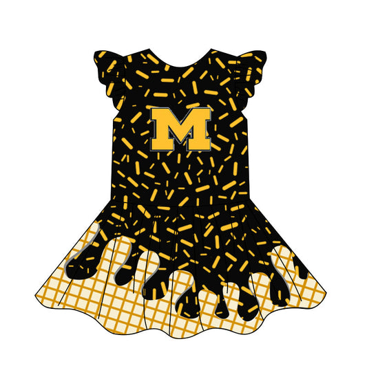 Preorder (moq 5)Baby Girls Flutter Sleeve Drip Sprinkles Team Short Knee Length Dresses