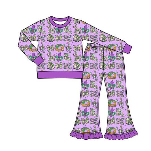 Preorder (moq 5) Baby Girl Clothes Mardi Gras Crawfish King Cake Bow Mixed Print Long Sleeve Flare Pant Set