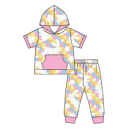 Preorder(moq 8)Baby Girls Colorful Checked Rabbits Pocket Hoodie Pants Easter Clothes Sets