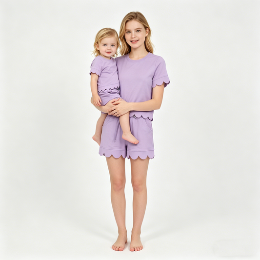 Mama and Me Girls Lavender Top Pockets Short Scallop Cotton Clothes Sets