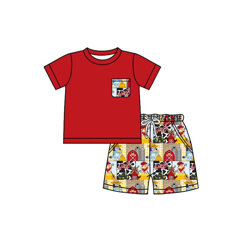 Preorder moq 5 Baby Boys Red Short Sleeves Pocket Top House Cartoon Dogs Short Farm Set