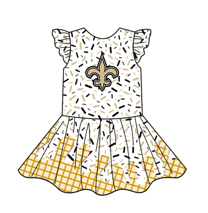 Preorder (moq 5)Baby Girls Flutter Sleeve Drip Sprinkles Team Short Knee Length Dresses