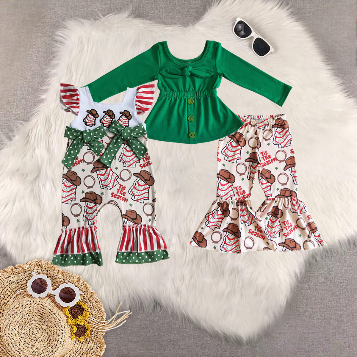 Sibling Baby Girls Green Button Tunic Christmas Trees Bell Bottom Pant Sets Rompers