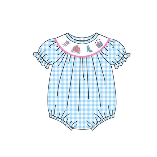 Preorder(moq 5)Baby Infant Girls Blue Checkered Princess Print Short Sleeve Rompers