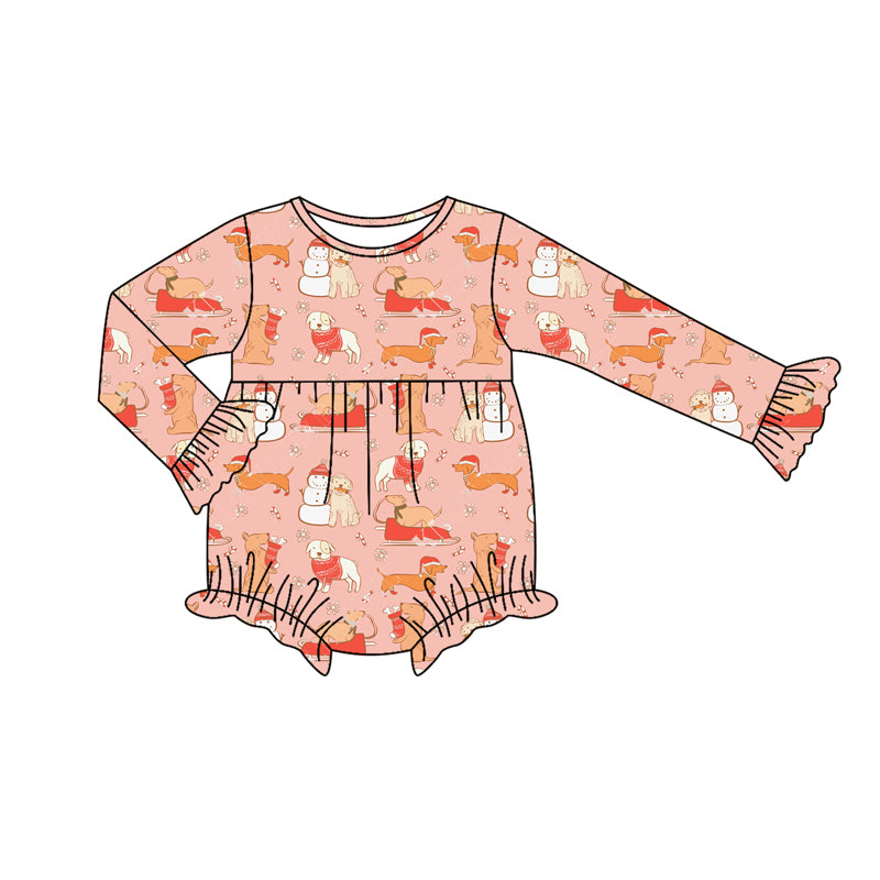 Preorder moq 5 Baby Infant Girls Peach Long Sleeves Snowman Dogs Plaid Ruffle Romper