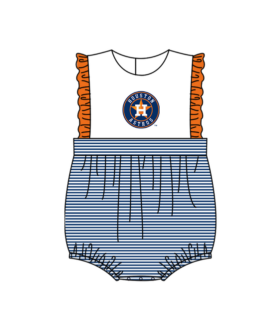 Preorder (moq 5)Baby Girls Sleeveless Houston Astros Stripe Team Ruffle Rompers